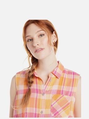 NWT Sleeveless Pink Orange Plaid Button-Up TANK Top